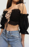 For Love and Lemons Anabelle Eyelet Crop Top Black